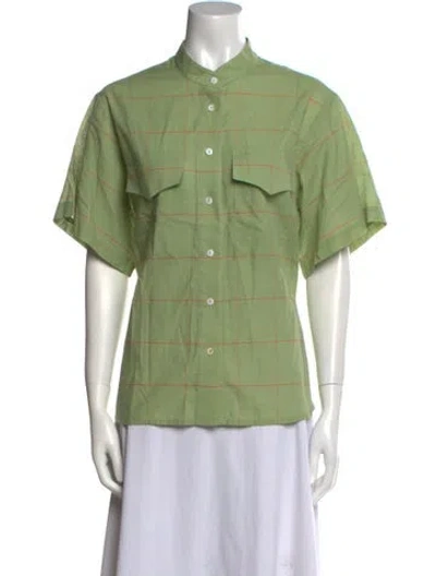 Pre-owned Matin Plaid Print Short Sleeve Button-up Top In Green