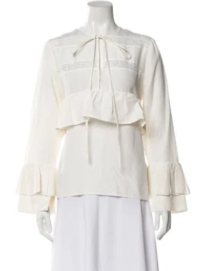 Pre-owned Matin Silk Tie Neck Blouse In White