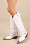 Matisse Brazen Distressed White Studded Chain Knee-high Boots In White