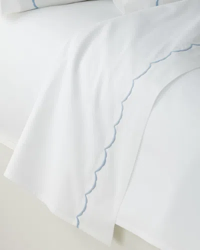Matouk Twin Scallops Embroidered 350 Thread Count Flat Sheet In White/blue