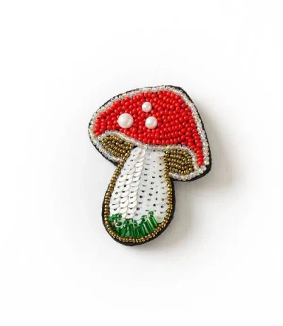 Matr Boomie Bala Mani Beaded Mushroom Brooch Pin In Red