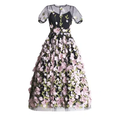 Matsour'i Women's Black / Pink / Purple Dress Fabiola  With Flowers In Black/pink/purple