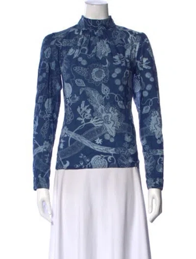 Pre-owned Matta Floral Print Mock Neck Top In Blue