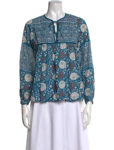 Pre-owned Matta Floral Print Tie Neck Top W/ Tags In Blue