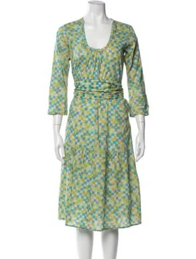 Pre-owned Matta Plaid Print Midi Length Dress In Green
