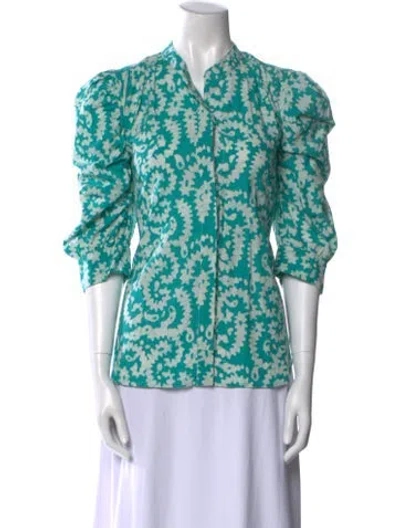 Pre-owned Matta Printed Mock Neck Blouse In Green