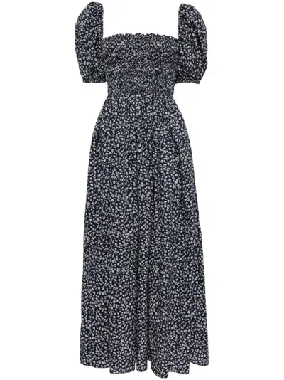 Matteau Floral-print Smocked Cotton Maxi Dress In Navy