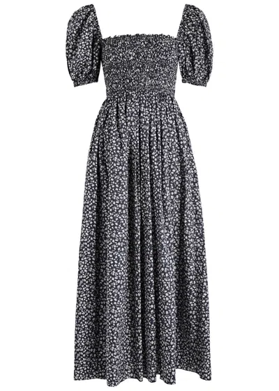 Matteau Floral-print Smocked Cotton Maxi Dress In Navy