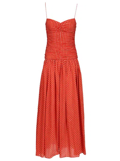 Matteau Gathered Polka-dot Organic Cotton And Silk-blend Midi Dress In Red