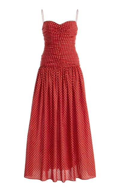 Matteau Gathered Polka-dot Cotton-silk Drop-waist Midi Dress In Red