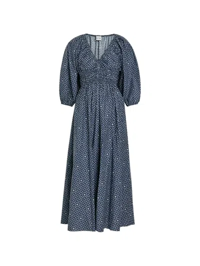Matteau Geometric-print Shirred Midi Dress In Blue