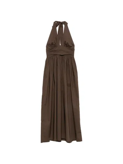 Matteau Gathered Organic Cotton-poplin Halterneck Maxi Dress In Brown