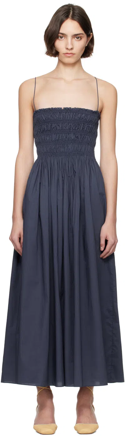 Matteau Strapless Ruched Organic Cotton-poplin Maxi Dress In Blue