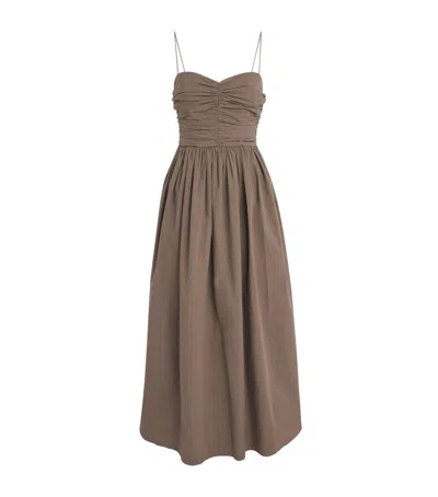 Matteau Gathered Organic Cotton-poplin Midi Dress In Brown