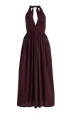 Matteau Plunge Cotton Maxi Halter Dress In Burgundy