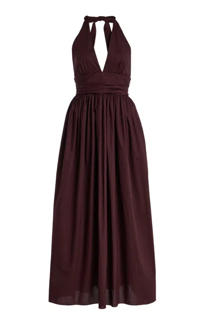 Matteau Plunge Cotton Maxi Halter Dress In Burgundy