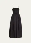Matteau Shirred Organic Cotton And Silk-blend Midi Dress In Black
