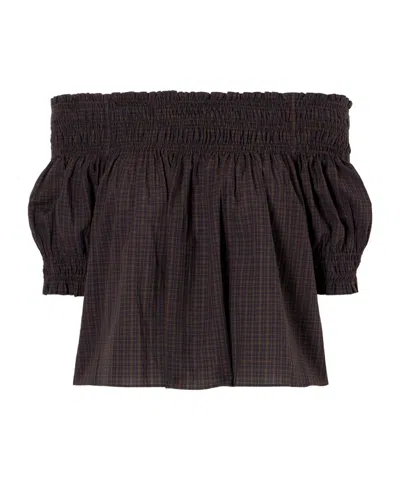 Matteau Shirred Off-the-shoulder Checked Cotton Blouse In Brown