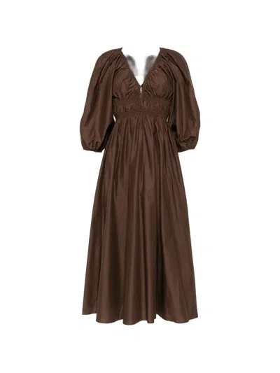 Matteau Shirred Cotton Plunge Button Midi Dress In Brown