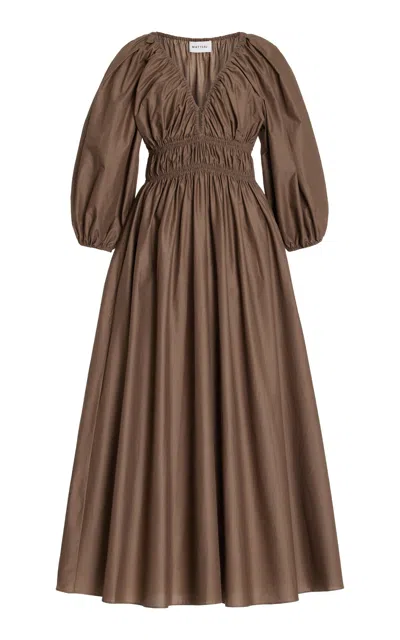 Matteau Shirred Puff-sleeve Organic Cotton Midi Dress In Brown