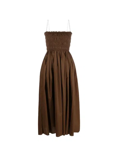 Matteau Shirred-bodice Spaghetti-strap Midi Dress In Brown