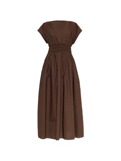 Matteau Shirred-waist Cotton Midi Dress In Brown