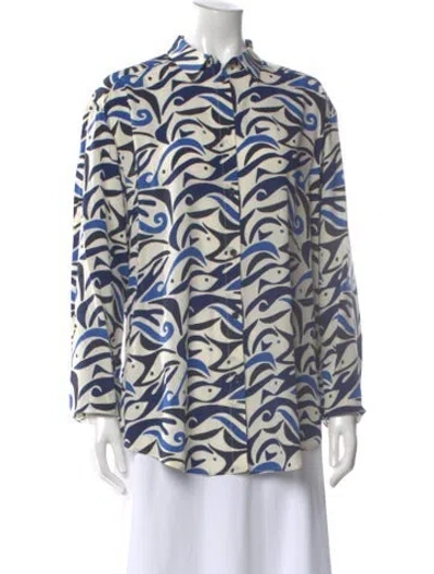 Pre-owned Matteau Silk Printed Button-up Top In Blue