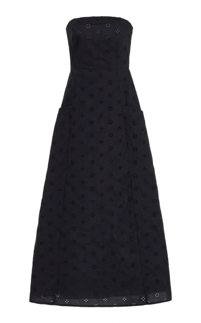Matteau Strapless Organic Cotton Broderie Midi Dress In Black