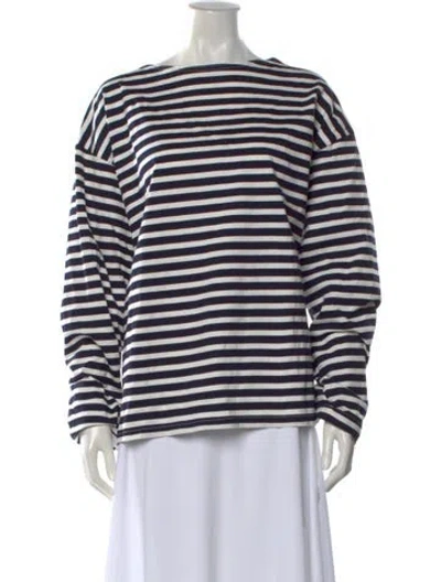 Pre-owned Matteau Striped Bateau Neckline Top In White