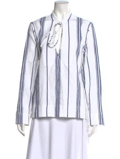 Pre-owned Matteau Striped Tie Neck Blouse In White