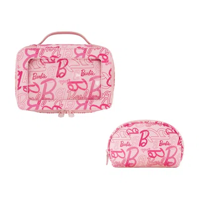Mattel Barbie 2-piece Travel Cosmetic Case Set - Pink All-over Logo Design With Dual Zipper Pulls