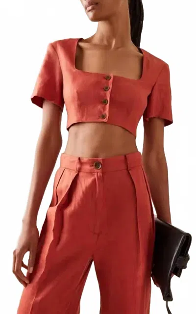 Matthew Bruch Apron Crop Top In Teracotta Linen In Red
