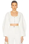Matthew Bruch Apron Leg Of Mutton Sleeve Crop Top In White Denim