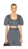 Matthew Bruch Apron Puff Sleeve Crop Top In Denim