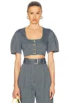 Matthew Bruch Apron Puff Sleeve Crop Top In Denim