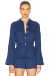 Matthew Bruch Blouson Long Sleeve Blouse In Cadet Blue Tencel