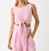 Matthew Bruch Boat Neck Sleeveless Wrap Top In Pink Viscose Linen In Multi
