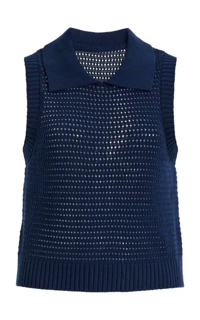 Matthew Bruch Cable Mesh Cotton-blend Collared Tank Top In Blue