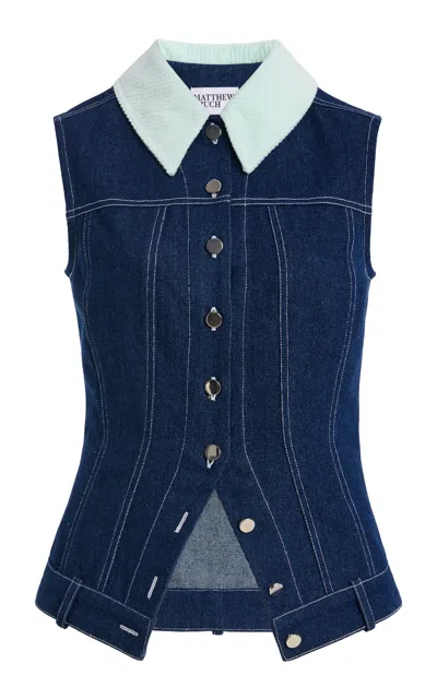 Matthew Bruch Collared Button Down Denim Vest In Blue