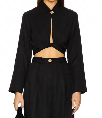 MATTHEW BRUCH COLLARED LONG SLEEVE WRAP TOP IN BLACK
