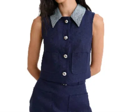 Matthew Bruch Collared Vest In Navy Linen In Blue