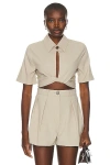 Matthew Bruch Collared Wrap Top In Taupe Seersucker