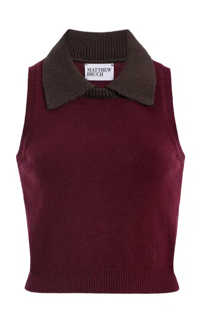 Matthew Bruch Combo Collar Knit Cropped Tank Top In Burgundy