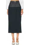 Matthew Bruch Denim Combo Midi Skirt In Blue