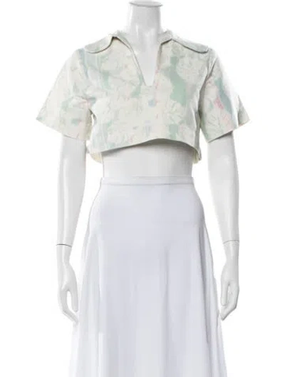 Pre-owned Matthew Bruch Floral Print V-neck Crop Top In White