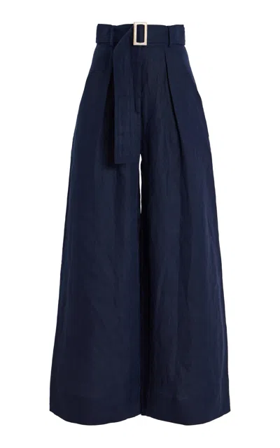 Matthew Bruch High-rise Linen Wide-leg Pants In Navy