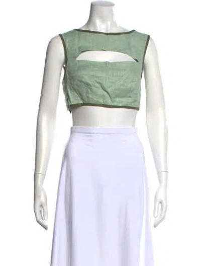 Pre-owned Matthew Bruch Linen Square Neckline Crop Top In Blue