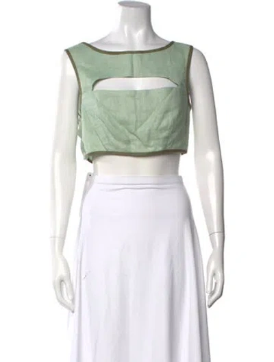 Pre-owned Matthew Bruch Linen Square Neckline Crop Top In Green
