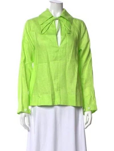 Pre-owned Matthew Bruch Linen Tie Neck Top In Green