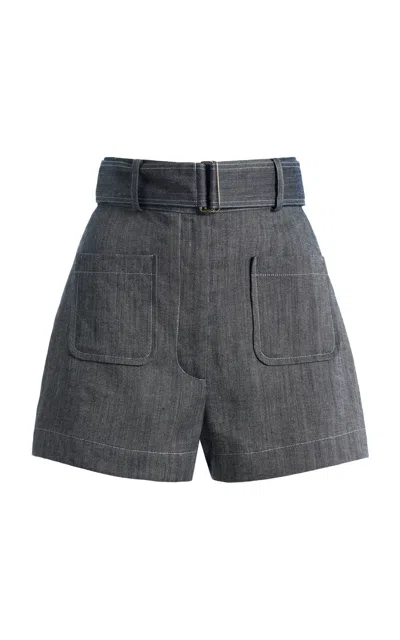 Matthew Bruch Linen-cotton Denim Belted Shorts In Gray